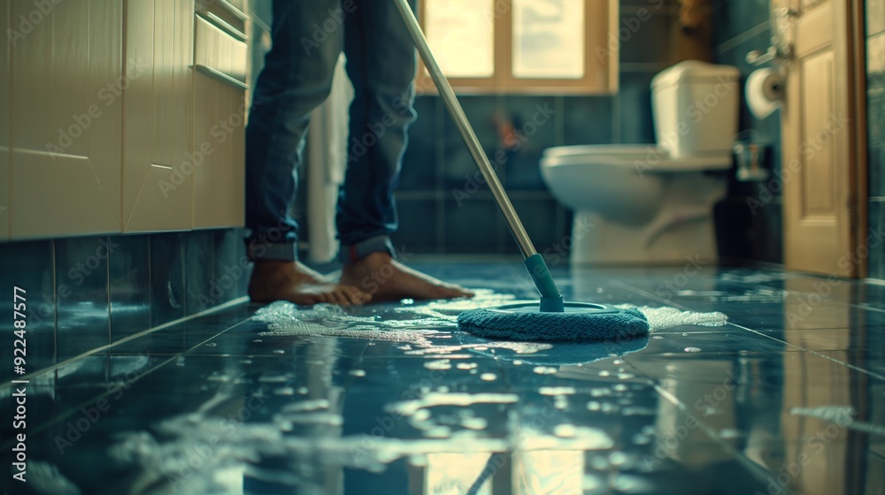 Fototapeta premium man mopping the floor in his bathroom