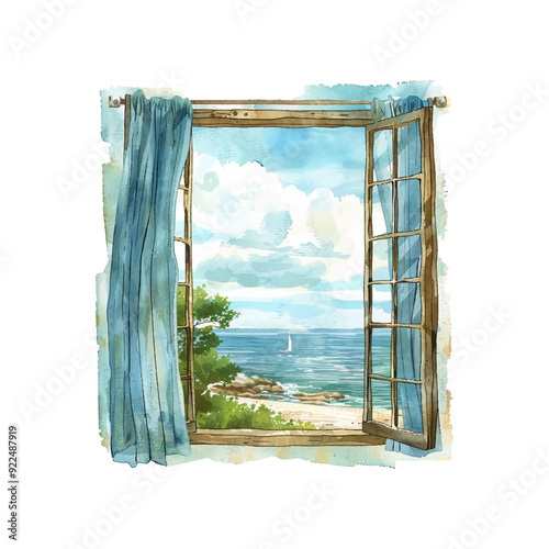 window with nautical view vector illustration in watercolor style