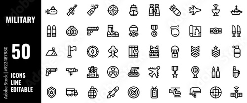 50 Military Icons Set Line Editable Vector Illustration