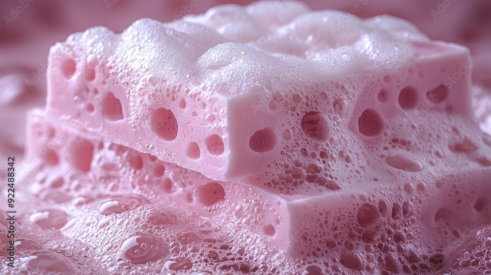 White soap bar and foam on pastel pink background. Flat lay, top view, copy space White soap bar and foam on pastel pink background. Flat lay, top view, copy space