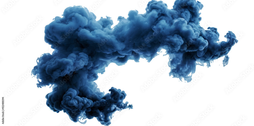Beautiful blue smoke plume isolated on transparent background. bright orange paint color powder festival background.