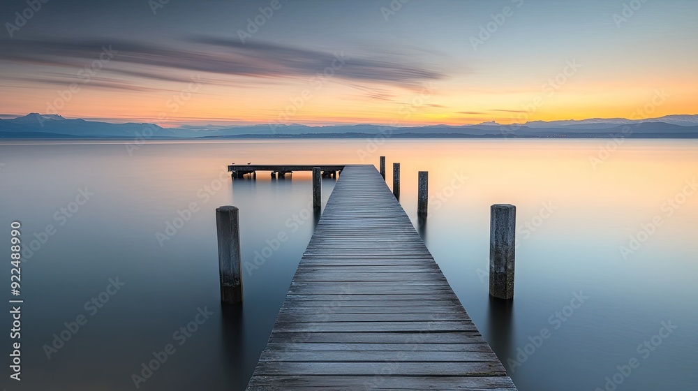 Wooden pier extending over calm water at sunset. background with beautiful landscape Wooden pier extending over calm water at sunset. background with beautiful landscape