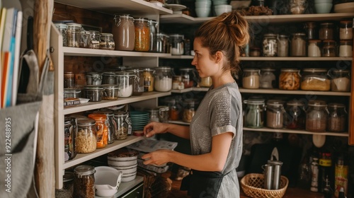 woman organizing her kitchen cabinets, putting items in order