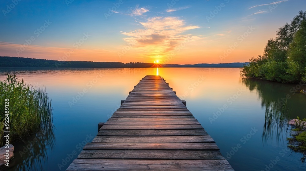 Wooden pier extending over calm water at sunset. background with beautiful landscape Wooden pier extending over calm water at sunset. background with beautiful landscape