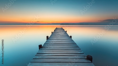 Wooden pier extending over calm water at sunset. background with beautiful landscape