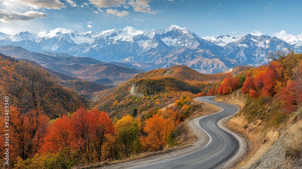 A panoramic view of a picturesque mountain road with hairpin turns, framed by vibrant autumn foliage and distant snow-capped peaks, highlighting the seasonal beauty. A panoramic view of a picturesque mountain road with hairpin turns, framed by vibrant autumn foliage and distant snow-capped peaks, highlighting the seasonal beauty.