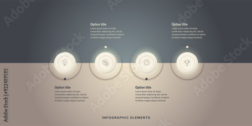 Business process chart infographics with 4 step circles. Round workflow graphic elements. Company flowchart presentation slide. Vector info graphic in flat design
