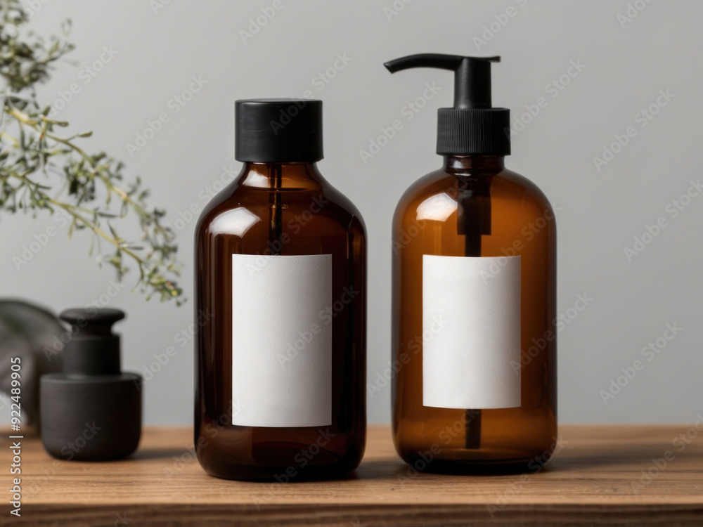 Brown cosmetic bottle mockup with blank label on table