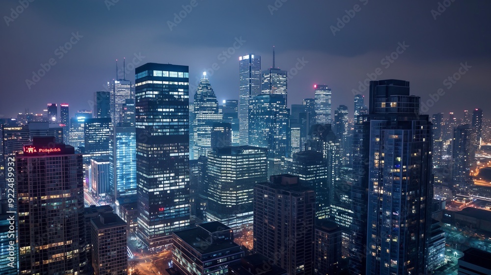 cityscape at night with skyscrapers lit up cityscape at night with skyscrapers lit up