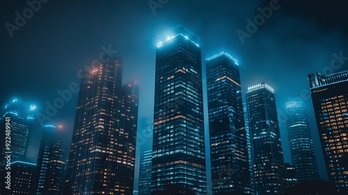 cityscape at night with skyscrapers lit up