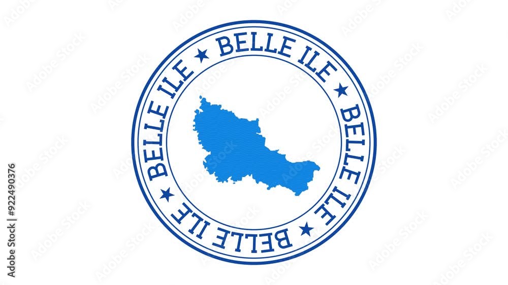 Belle Ile intro. Badge with the circular name and map of island. Belle