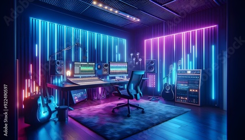 A music artist recoding song in a dynamic Modern Professional  Studio Adored With Neon Light.  photo