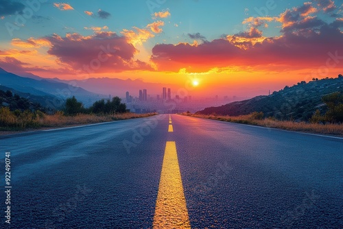 urban horizon vista empty road leading to futuristic cityscape dramatic sky golden hour lighting architectural marvels photo