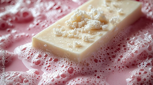 White soap bar and foam on pastel pink background. Flat lay, top view, copy space