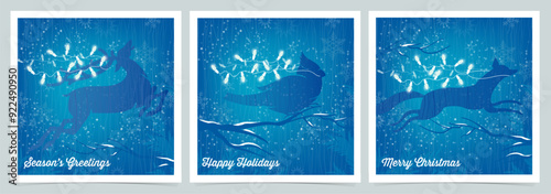 Woodland Animals Running with White Christmas Lights on Blue Background