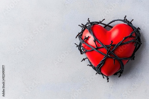 A vibrant red heart encircled by thorny vines, symbolizing love intertwined with pain and emotion on a textured background. photo