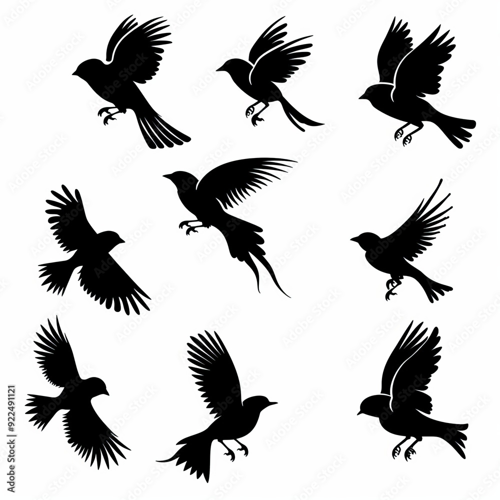 Bird icon set, black and white silhouettes, sparrow symbols, bird sign collection, graffiti spray Bird icon set, black and white silhouettes, sparrow symbols, bird sign collection, graffiti spray