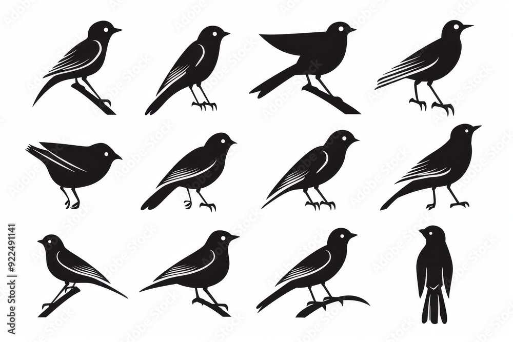 Bird icon set, black and white sparrow symbols, bird sign collection, wild animal pictograms on white Bird icon set, black and white sparrow symbols, bird sign collection, wild animal pictograms on white
