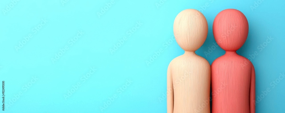 Two wooden figures stand together against a bright blue background, symbolizing friendship, companionship, and connection. Two wooden figures stand together against a bright blue background, symbolizing friendship, companionship, and connection.