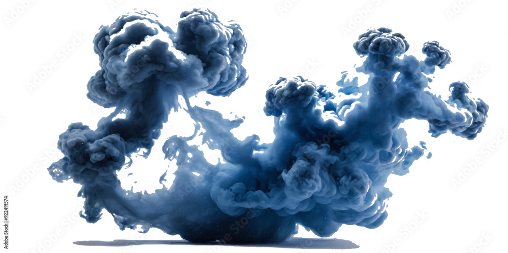 Beautiful blue smoke plume isolated on transparent background. bright orange paint color powder festival background.