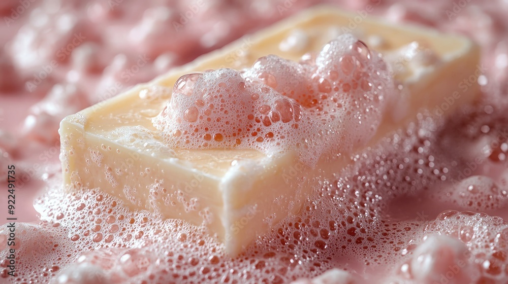 White soap bar and foam on pastel pink background. Flat lay, top view, copy space