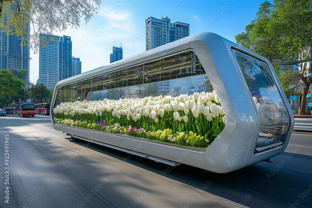 Naklejka premium Futuristic Glass Trailer with White Tulips, Urban Environment and Modern Design