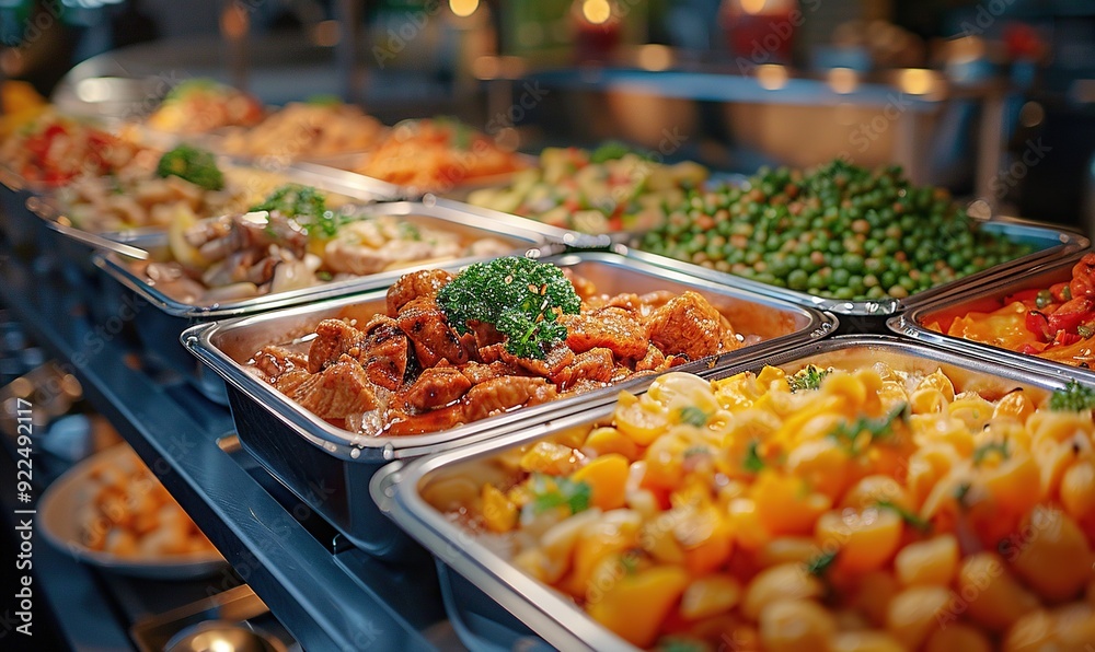 Fototapeta premium group of people on catering buffet food indoor in restaurant with grilled meat buffet service for any festive event party or wedding reception.