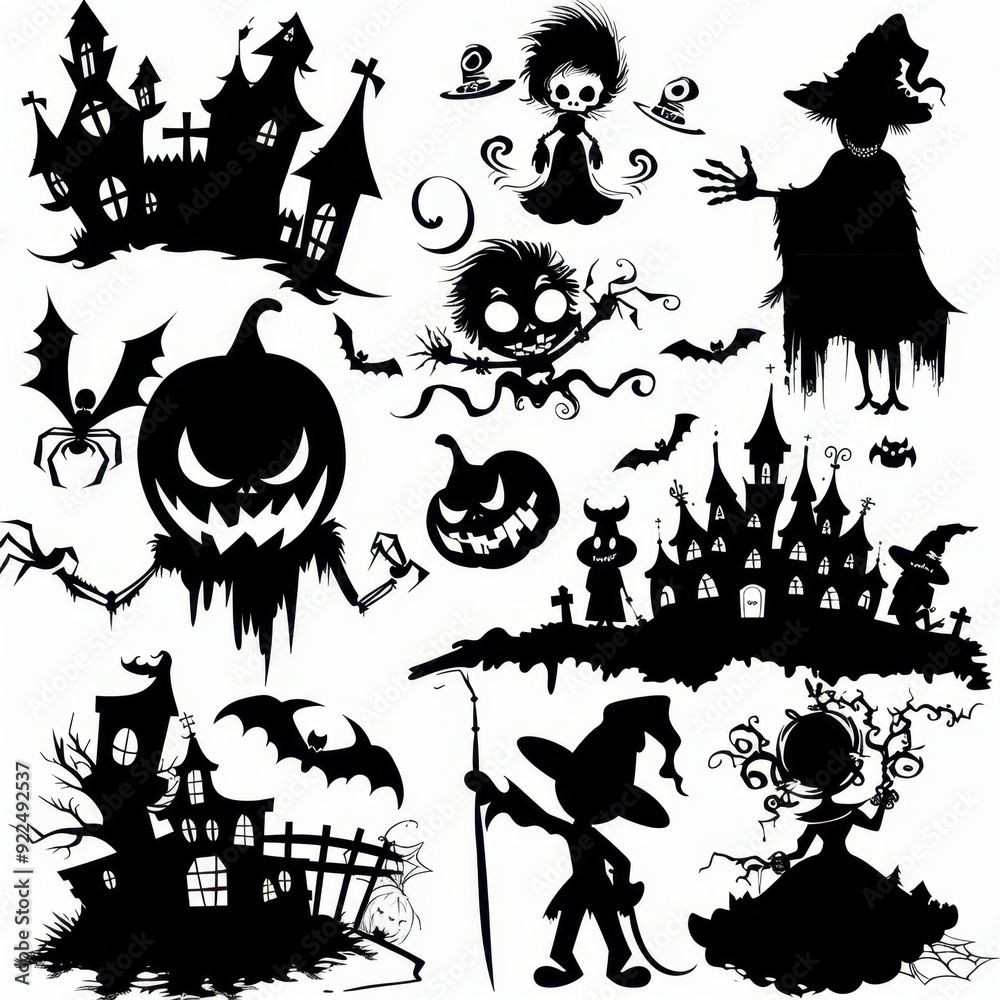 Design black silhouette illustrations of spooky Halloween Cute Jack The Ripper in various activities , Design black silhouette illustrations of spooky Halloween Cute Jack The Ripper in various activities ,