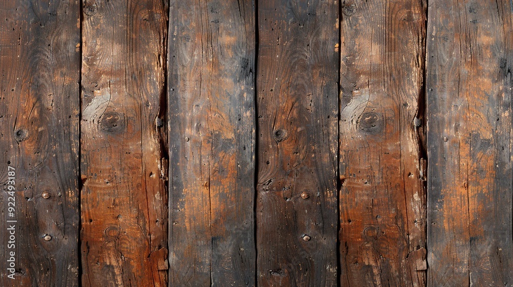 A close-up of weathered wooden fencing, showing rusted metal hardware on one side A close-up of weathered wooden fencing, showing rusted metal hardware on one side