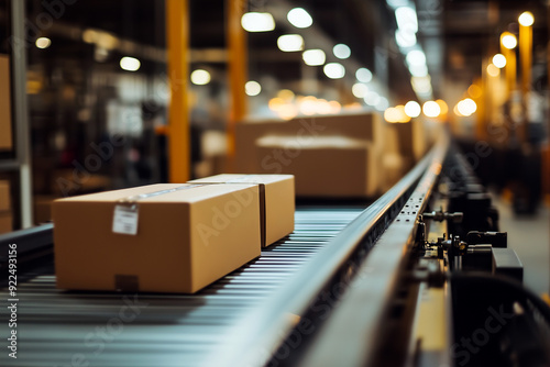 Cardboard Boxes on Conveyor Belt in Industrial Warehouse, Automated Packaging Process photo