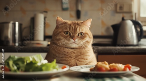 A plump cat sitting on a kitchen counter, eyeing a plate of food nearby, with its round body and intense focus on the meal creating a humorous scene.