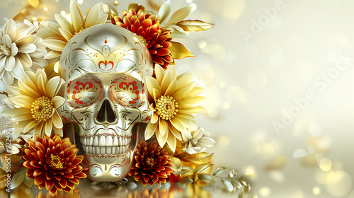 Skeleton with red flowers in illustration style reminiscent of vintage work. beautiful background with visual effects