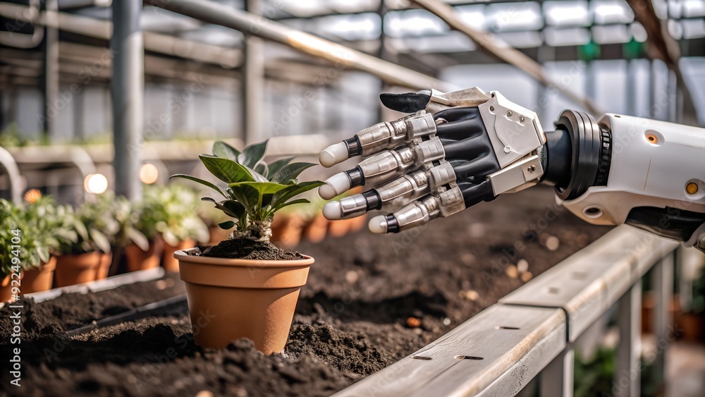 Close-Up of Robotic Hand in Greenhouse with Potted Plant - Futuristic Agronomy and Ecology Technology Close-Up of Robotic Hand in Greenhouse with Potted Plant - Futuristic Agronomy and Ecology Technology