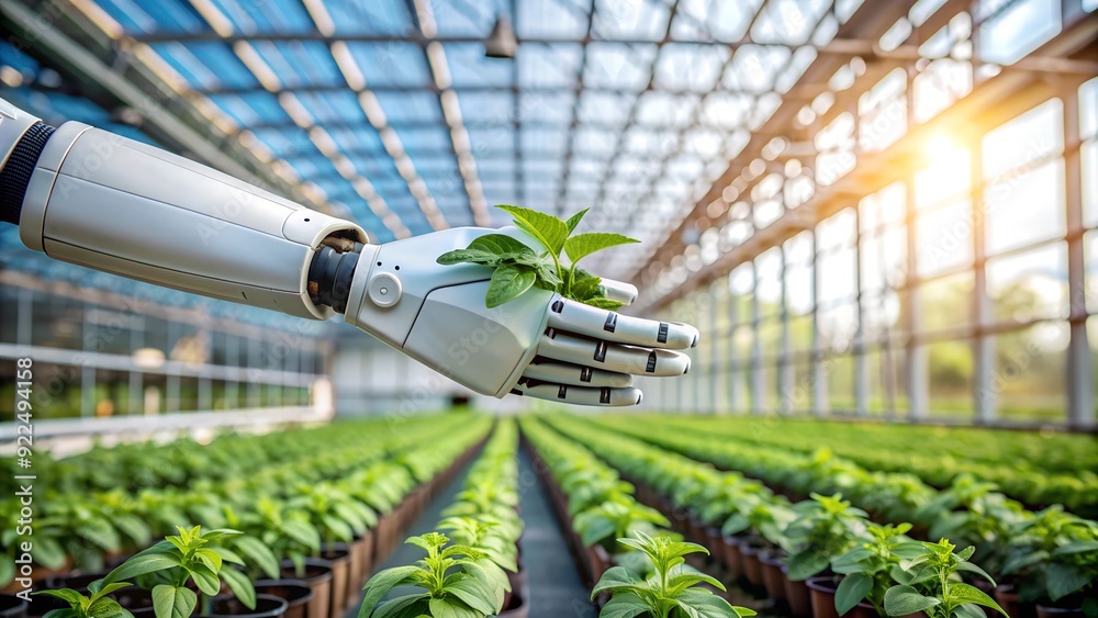 Close-Up of Robotic Hand in Greenhouse with Potted Plant - Futuristic Agronomy and Ecology Technology Close-Up of Robotic Hand in Greenhouse with Potted Plant - Futuristic Agronomy and Ecology Technology