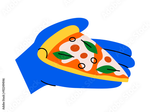 Hand drawn cute cartoon illustration slice pizza in hand. Fast food meal with arm. Flat vector unhealthy dinner delivery doodle. Italian cuisine icon. Eating disorder. Junk food overeating. Isolated.