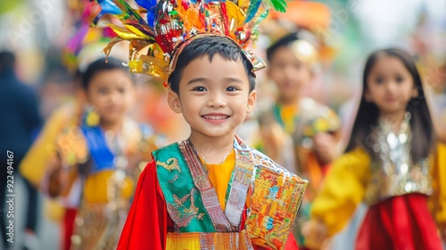 Children in Festive Attire Participating in a Colorful Parade photo