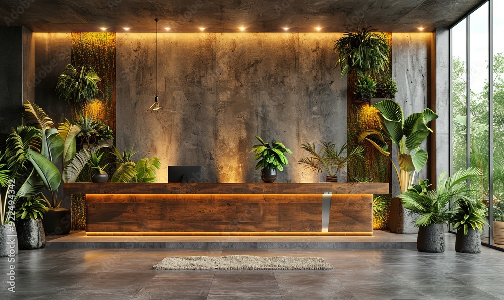 an office reception area with a modern wooden desk against a concrete wall with soft lighting illustrating a corporate interior design concept 3d rendering. an office reception area with a modern wooden desk against a concrete wall with soft lighting illustrating a corporate interior design concept 3d rendering.