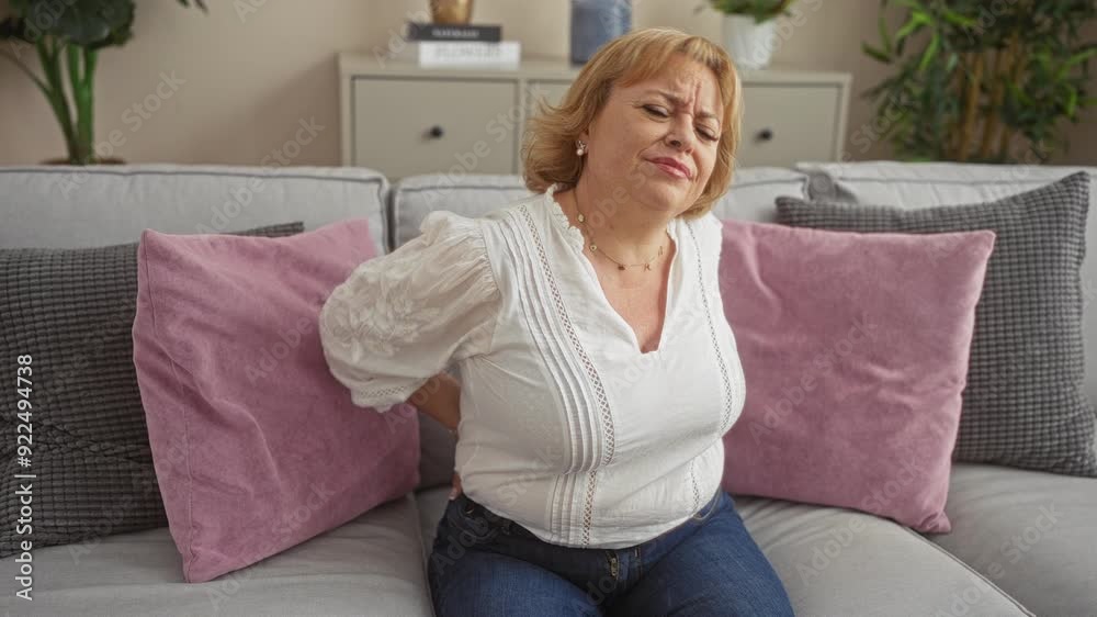 A mature blonde woman sitting on a couch in a living room, clasping her back in discomfort with a pained expression. A mature blonde woman sitting on a couch in a living room, clasping her back in discomfort with a pained expression.