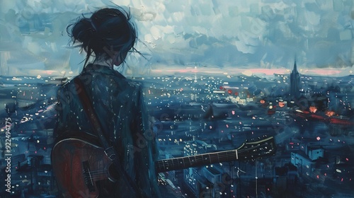 painting of young woman standing over cityscape looking out. It's dusk. She has a guitar on her back and she is looking down over city. Painterly loose brushstrokes