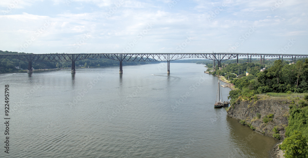 view of walkway over the hudson railroad bridge pedestrian and cycling path across river (distance far away boat) traffic view scenic walking trail high up view of walkway over the hudson railroad bridge pedestrian and cycling path across river (distance far away boat) traffic view scenic walking trail high up
