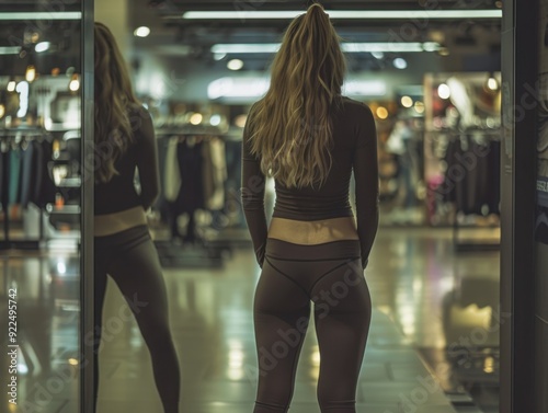 Woman in activewear admiring her reflection in a store mirror during an evening shopping trip