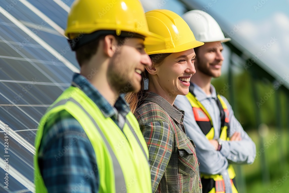 Three construction workers wearing hard hats stand in front of solar panels, smiling. Three construction workers wearing hard hats stand in front of solar panels, smiling.