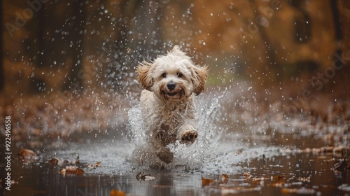 Happy Dog Running Through Water in Autumn Forest, Splashes and Leaves photo