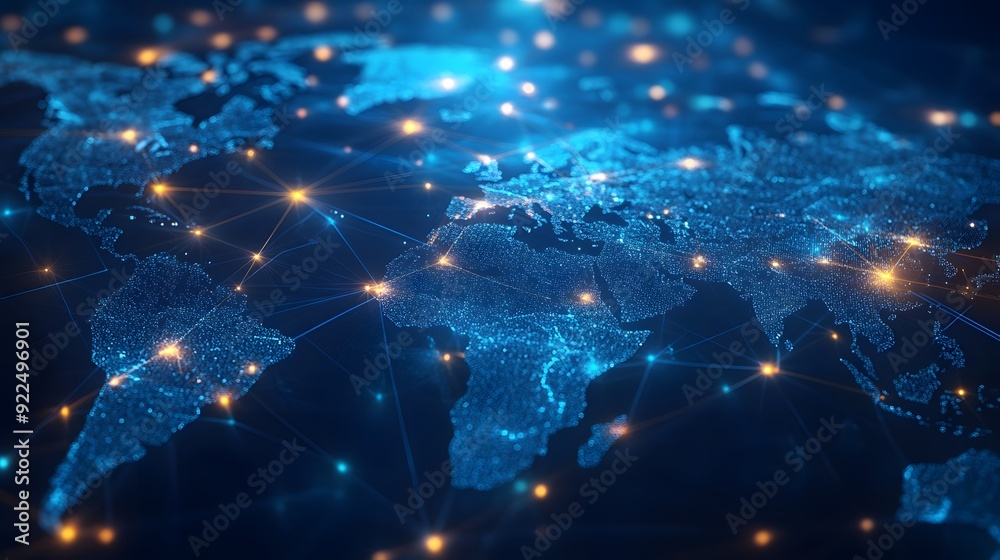 A digital map of the world with glowing connections between cities, representing global connectivity and data transfer across national borders A digital map of the world with glowing connections between cities, representing global connectivity and data transfer across national borders