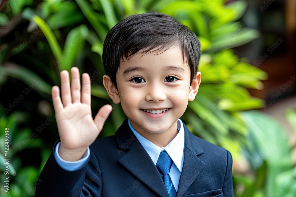 Young boy in a suit waving with a smile in a lush garden setting Young boy in a suit waving with a smile in a lush garden setting