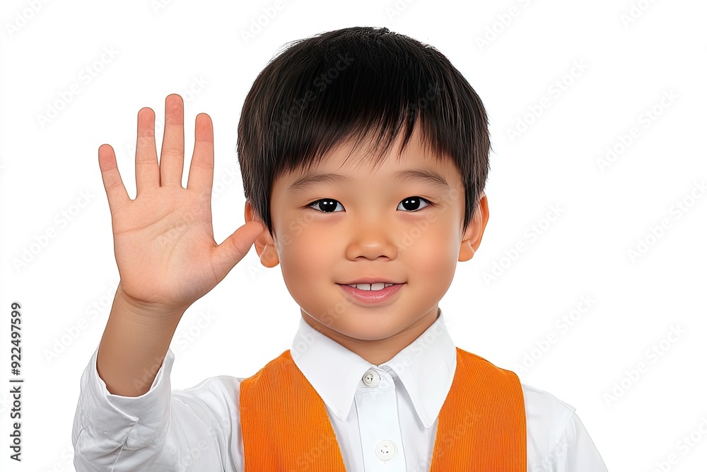 Young boy smiling and waving with a friendly gesture against a white background Young boy smiling and waving with a friendly gesture against a white background