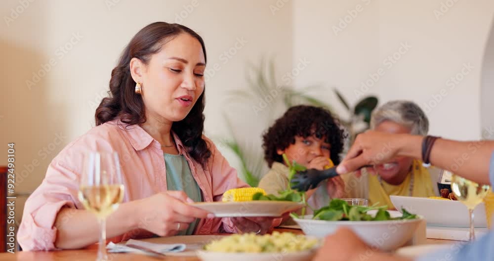 Happy family, child or mother eating at dinner celebration together with meal, food or support. Mom, grandma or parents at table to share brunch, vegetables or bond at home with smile, kid or love Happy family, child or mother eating at dinner celebration together with meal, food or support. Mom, grandma or parents at table to share brunch, vegetables or bond at home with smile, kid or love