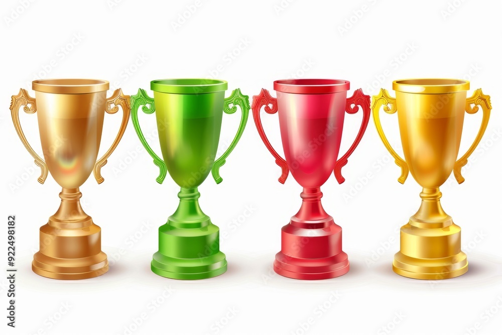 Trophy cups, golden goblet, silver reward, champion bowls. Contest winner award collection, prize cup