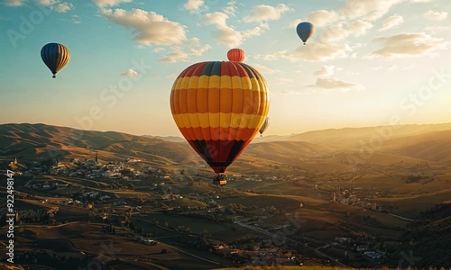 a group of hot air balloons flying over a valley