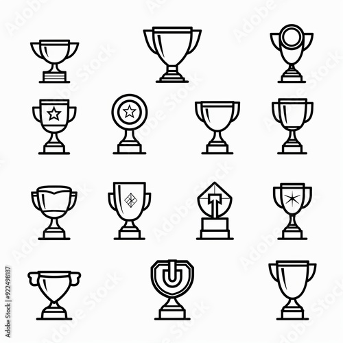 Trophy cups, golden goblet, silver reward, champion bowls. Contest winner award collection, prize cup